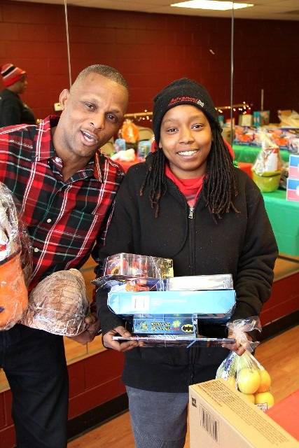 People with gifts and food